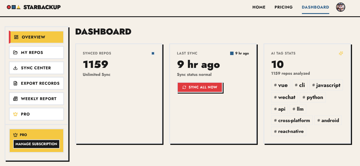 GitHub Repo Backup Dashboard Overview — synced repos, quota, and quick actions