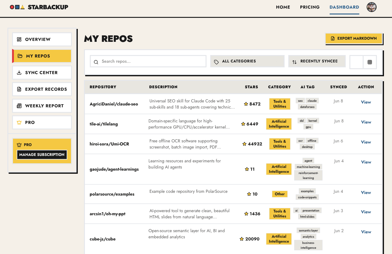 GitHub Repo Backup Repository List — browse, search, and filter your starred repos