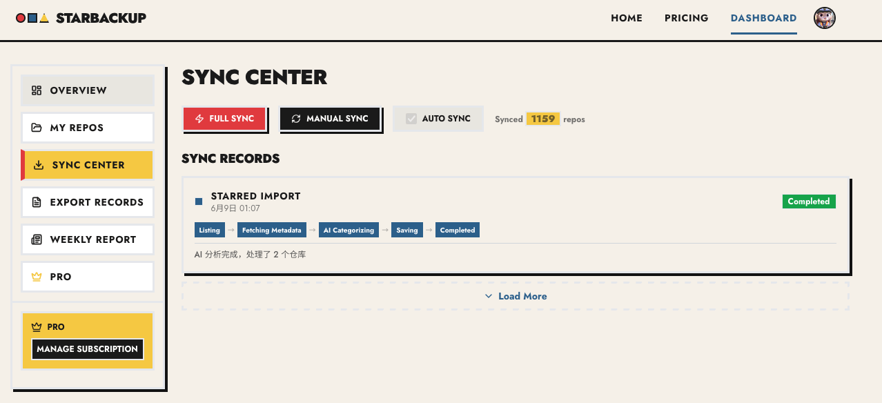 GitHub Repo Backup Sync Center — one-click sync with session history